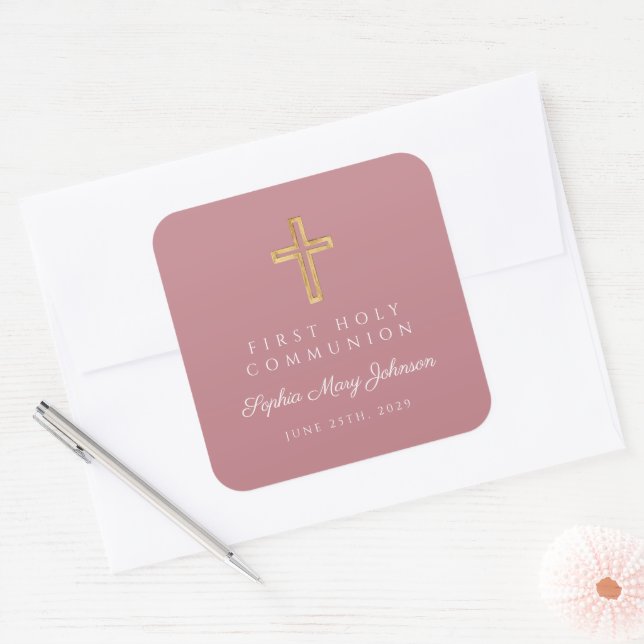Adesivo Quadrado Elegant Pink Religious Cross Girl First Communion  (Envelope)