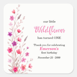 Adesivo Quadrado Elegant Pink Wildflower 1st Birthday Party