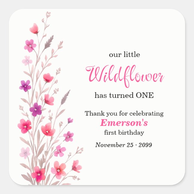 Adesivo Quadrado Elegant Pink  Wildflower 1st Birthday Party (Frente)