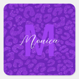 Adesivo Quadrado Elegant Purple Glitter Monogram Script Name