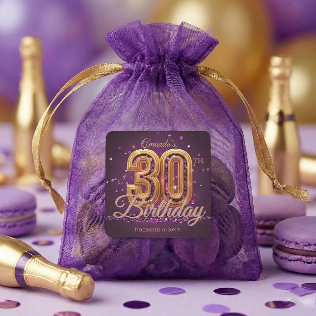 Adesivo Quadrado Elegant Purple Gold Jewel 30th Birthday Party (Criador carregado)