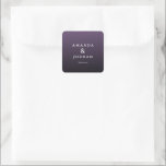 Adesivo Quadrado Elegant Purple Gratitude Card<br><div class="desc">This elegant wedding sticker features a gradient purple background with clean, modern typography. The design showcases two names in bold, uppercase letters, separated by an ampersand, and includes a subtle "thank you" message at the bottom. Its minimalist style exudes sophistication and gratitude, making it perfect for expressing appreciation at formal...</div>