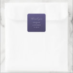 Adesivo Quadrado Elegant Purple Thank You Card<br><div class="desc">This elegant wedding sticker features a minimalist design with a deep purple background and light gray cursive script that reads "thank you." The layout is clean, with ample negative space around the text elements, emphasizing clarity and sophistication. Customizable names and dates are presented in a classic serif font, adding a...</div>