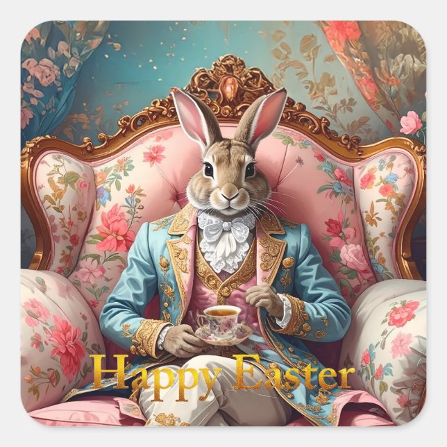 Adesivo Quadrado Elegant rabbit Drinking Tea Happy Easter (Frente)