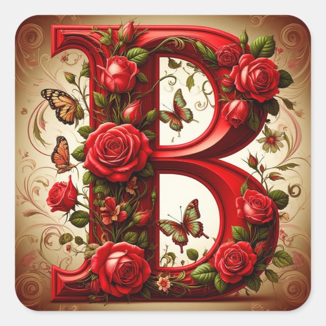 Adesivo Quadrado Elegant Red Letter B by Roses and Butterfly (Frente)