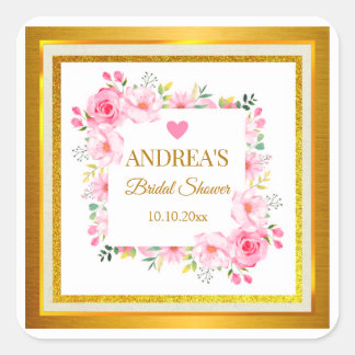 Adesivo Quadrado Elegant Romantic Modern Pink Floral Bridal Shower