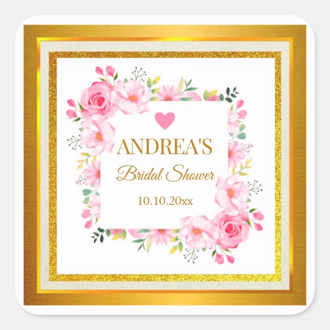 Adesivo Quadrado Elegant Romantic Modern Pink Floral Bridal Shower (Frente)
