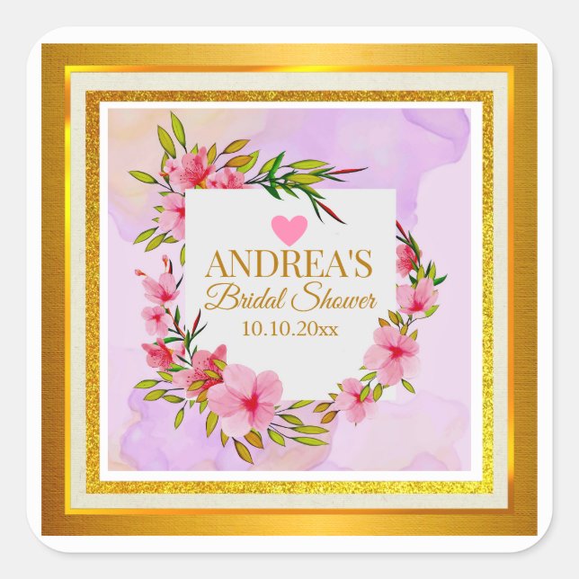 Adesivo Quadrado Elegant Romantic Modern Pink Floral Bridal Shower (Frente)