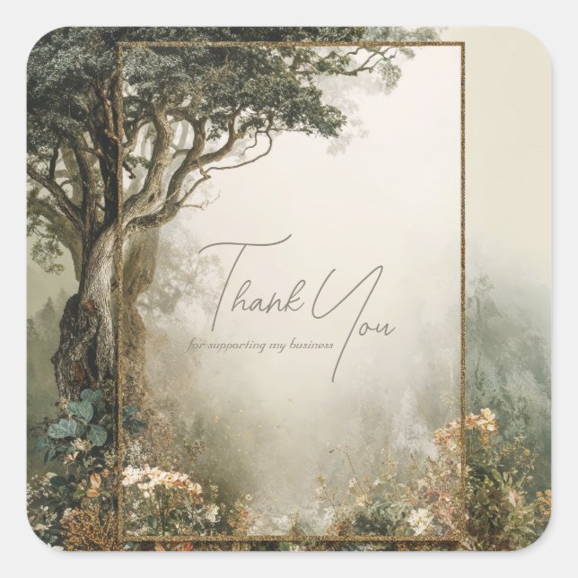 Adesivo Quadrado Elegant Rustic Forest Tree Gold Glitter Frame (Frente)