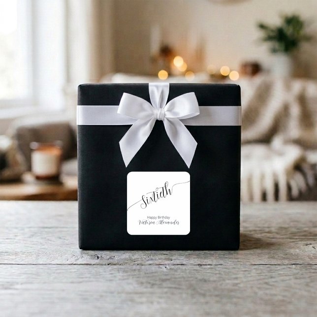 Adesivo Quadrado Elegant Script Sixtieth Birthday Celebration (Elegant Script Sixtieth Birthday Celebration Square Sticker)