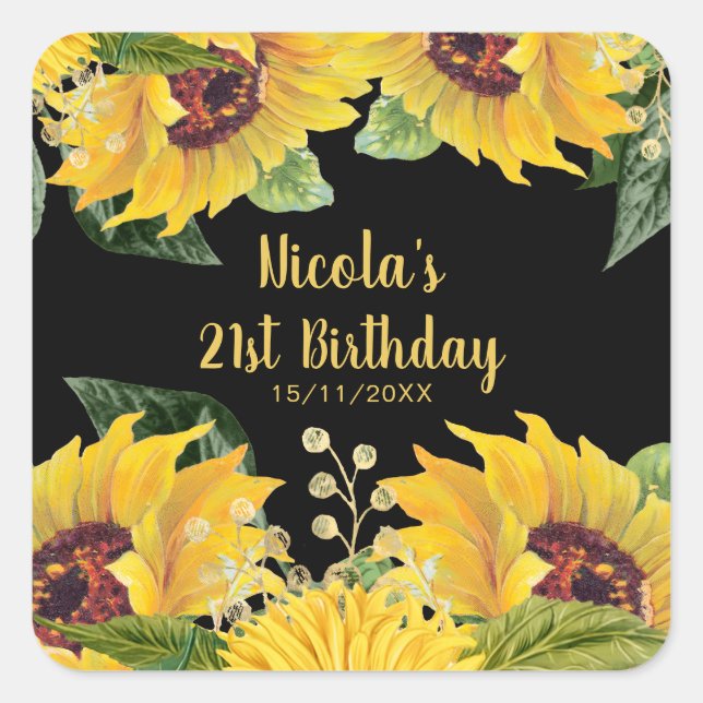 Adesivo Quadrado Elegant Sunflowers and Foliage Birthday Party (Frente)