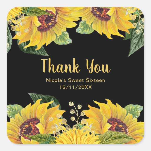 Adesivo Quadrado Elegant Sunflowers and Foliage Sweet Sixteen (Frente)