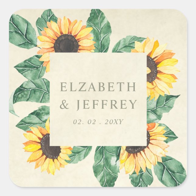 Adesivo Quadrado Elegant Sunflowers Garden Floral Wedding (Frente)