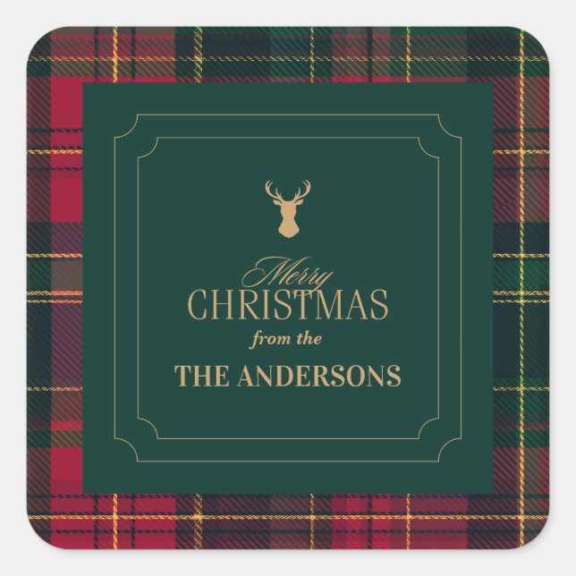 Adesivo Quadrado Elegant Tartan Plaid Merry Christmas Family Name (Frente)