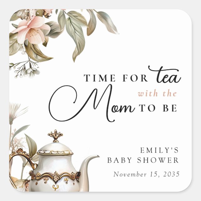 Adesivo Quadrado Elegant Tea Party Baby Shower (Frente)
