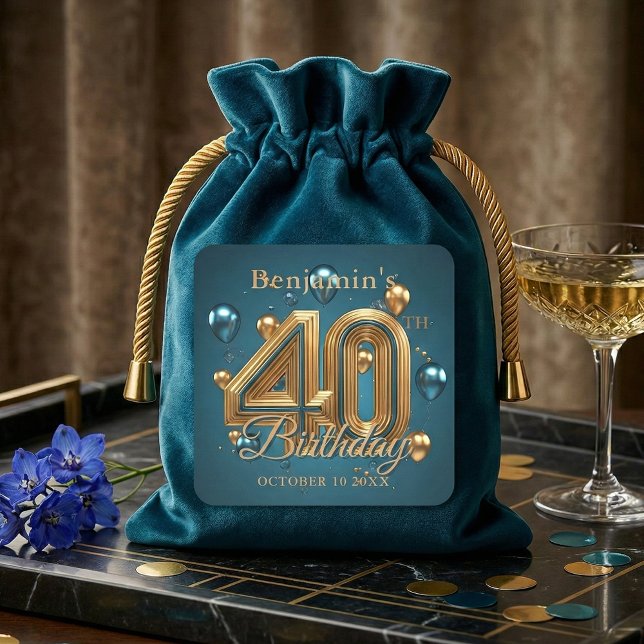 Adesivo Quadrado Elegant Teal Blue and Gold 40th Birthday Party (Criador carregado)