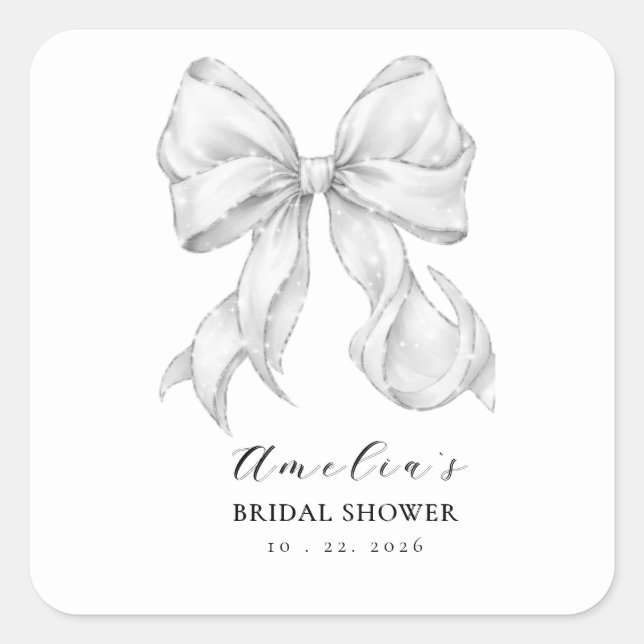 Adesivo Quadrado Elegant, tying the knot bridal shower white bow. (Frente)