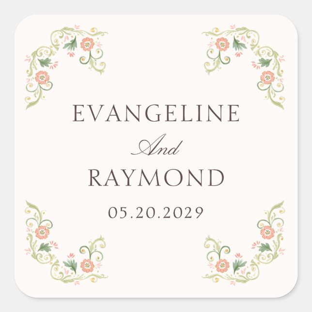 Adesivo Quadrado Elegant Watercolor Floral Rococo Wedding  (Frente)