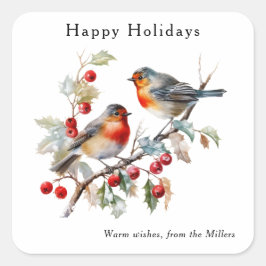 Adesivo Quadrado Elegant Watercolor Robin Happy Holidays Custom