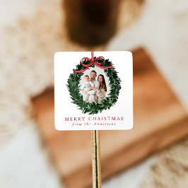 Adesivo Quadrado Elegant Watercolor Wreath with Bow Photo Holiday