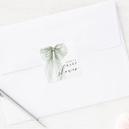 Adesivo Quadrado Elegant White Sage Green Bow Baby Shower