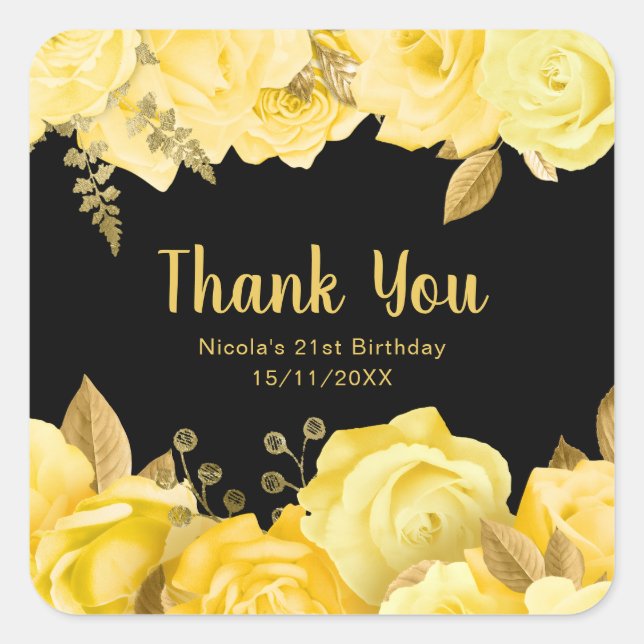 Adesivo Quadrado Elegant Yellow and Gold Flowers Birthday Party (Frente)