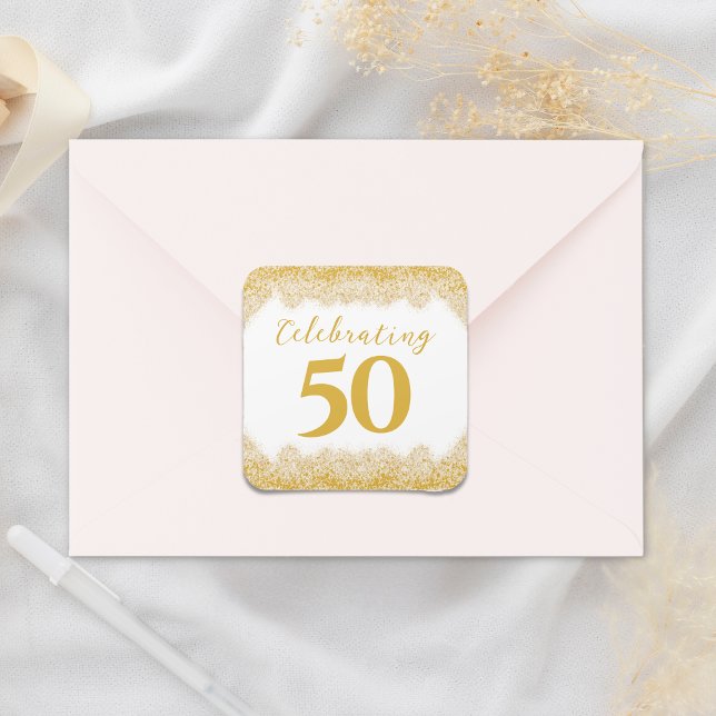 Adesivo Quadrado Elegante 50º Aniversário de Casamento Faux Dourada (Elegant 50th Wedding Anniversary Faux Gold Glitter Square Sticker)