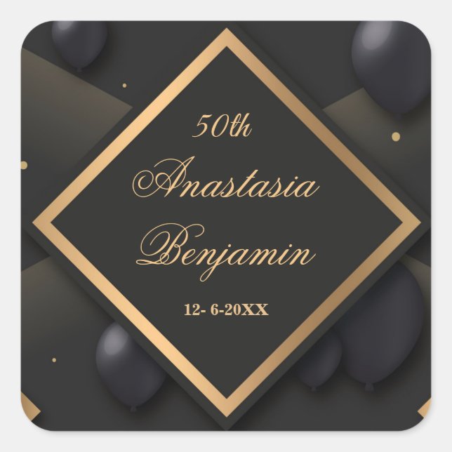Adesivo Quadrado Elegante 50º aniversário Dourado feliz moderno (Frente)