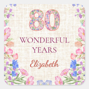 Adesivo Quadrado Elegante 80º Aniversário para Ela - Floral Rosa