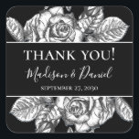 Adesivo Quadrado Elegante Agradecimento de Casamento Floral Preto e<br><div class="desc">Essas Elegantes Adesivos de Agradecimento Florais em Preto e Branco são elegantes, modernas, sofisticadas e charmosas - perfeitas para um casamento de jardim, botânico, rústico, romântico, floral, formal ou vintage. A combinação requintada de rosas pretas e brancas graciosas e folhagens delicadas é fluida, delicada e bonita. Seu design monocromático é...</div>