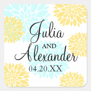 Adesivo Quadrado Elegante Aqua e Casamento Floral Amarelo Claro