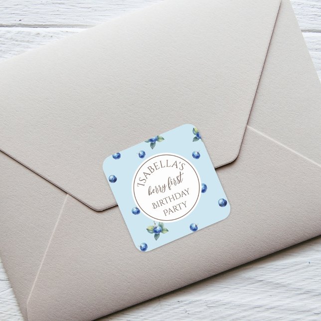 Adesivo Quadrado Elegante Aquarela Azul Berry Primeira Festa de ani (Criador carregado)