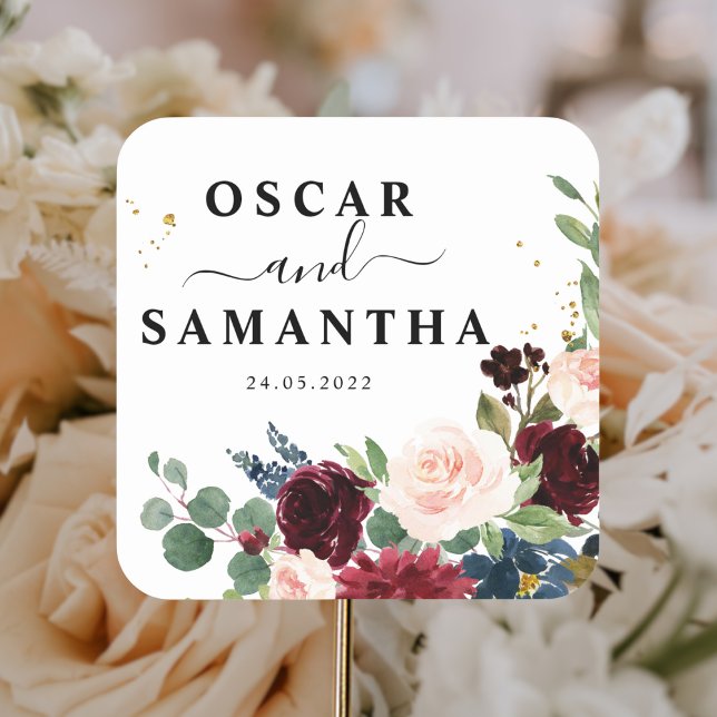 Adesivo Quadrado Elegante Aquarela Bege Borgonha & Pingentes Dourad (Criador carregado)