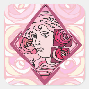 Adesivo Quadrado Elegante Art Nouveau Rosa Mulher
