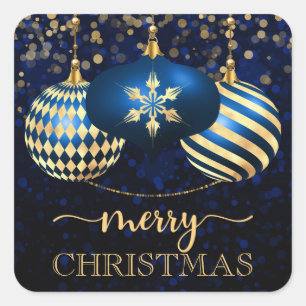 Adesivo Quadrado Elegante Azul Real & Dourado Bolas de Natal Alegre