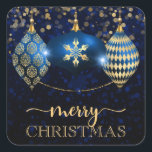 Adesivo Quadrado Elegante Azul Real e Dourado Merry Christmas<br><div class="desc">Elegante Azul Real e Dourado Desenho de enfeites de Natal com um fundo bokeh azul escuro e dourado</div>