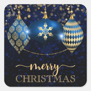 Adesivo Quadrado Elegante Azul Real e Dourado Merry Christmas