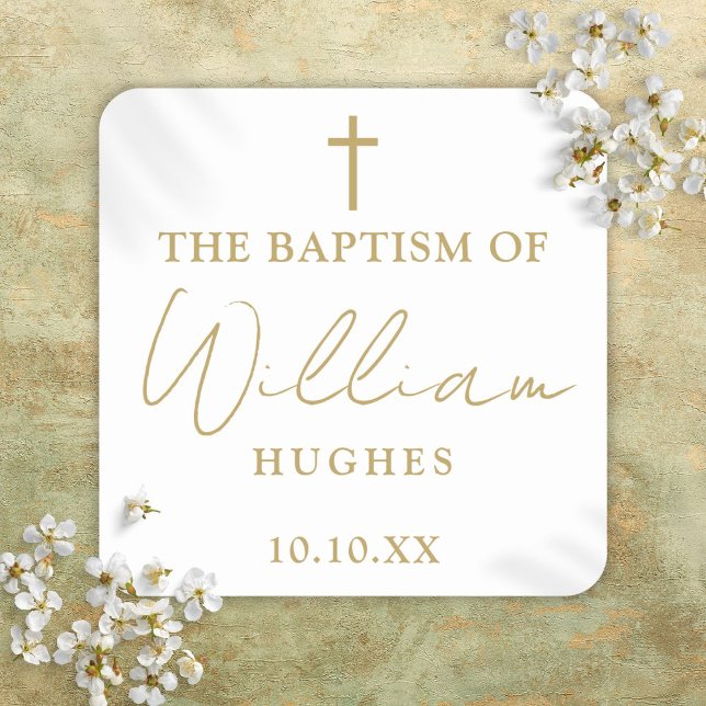 Adesivo Quadrado Elegante Batismo Minimalista em Ouro (Elegant Gold Minimalist Baptism Christening Square Sticker)