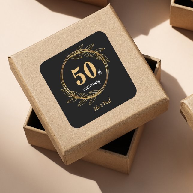 Adesivo Quadrado Elegante Black Dourado Leaf 50º Aniversário de Cas (Elegant Black Gold Leaf 50th Wedding Anniversary Square Sticker)