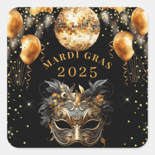 Adesivo Quadrado Elegante Black Glitter Mardi Gras 2025