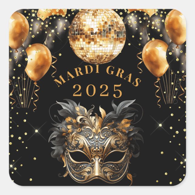 Adesivo Quadrado Elegante Black Glitter Mardi Gras 2025 (Frente)