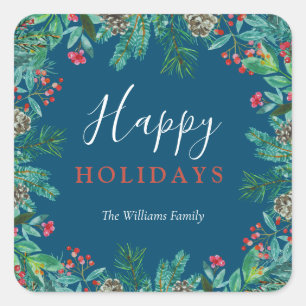 Adesivo Quadrado Elegante Blue Happy Holidays Nome da Família Wreat