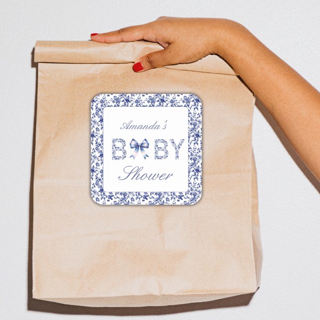 Adesivo Quadrado Elegante Blue Toile de Jouy e Chá de fraldas Arco (Criador carregado)