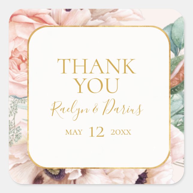Adesivo Quadrado Elegante Blush Floral Garden Pastel Obrigado (Frente)