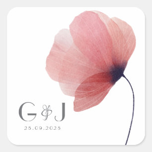 Adesivo Quadrado Elegante Blush Watercolor Poppy Monograma Square S