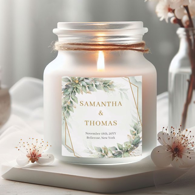 Adesivo Quadrado Elegante boho eucalipto-verde-ouro (Watercolor dusty green and gold glitter wedding sticker)