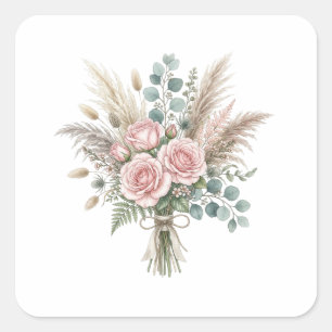 Adesivo Quadrado Elegante Buquê Floral Boho Rosa Bege Rosa Casament