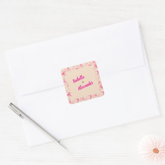 Adesivo Quadrado Elegante Casamento Floral Bege e Rosa Blush