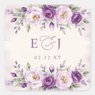 Adesivo Quadrado Elegante Casamento Floral Lavanda Roxo Botânico
