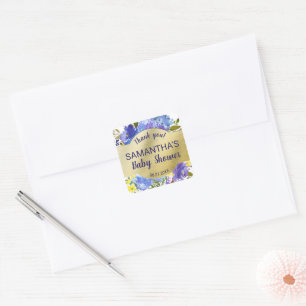 Adesivo Quadrado Elegante Chá de fraldas Floral Dourado Roxo Obrig